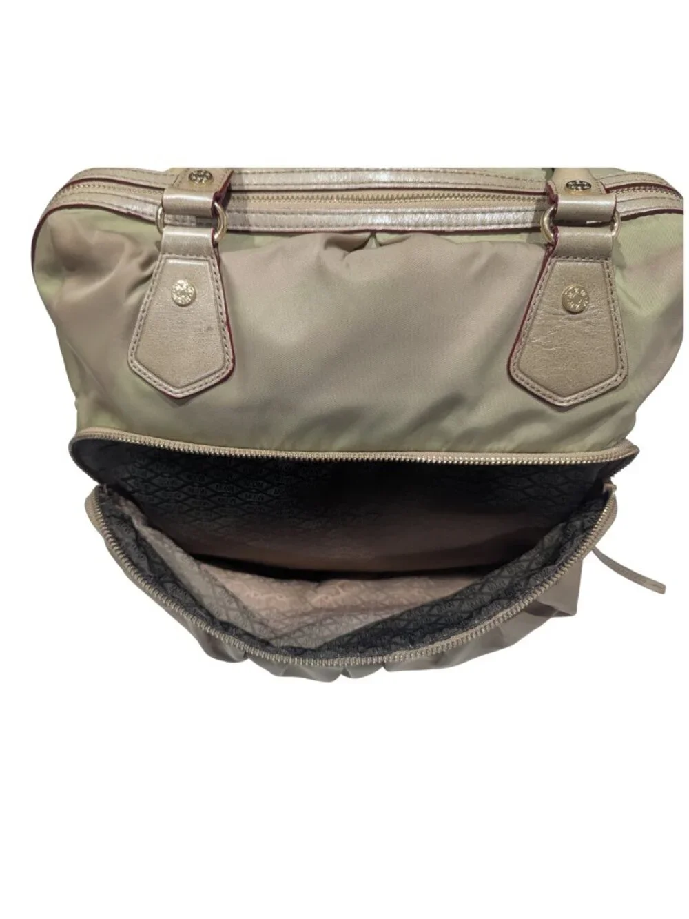 MZ Wallace Nylon Satchel Shoulder Bag Olive Khaki Leather Trim Gold Hardware